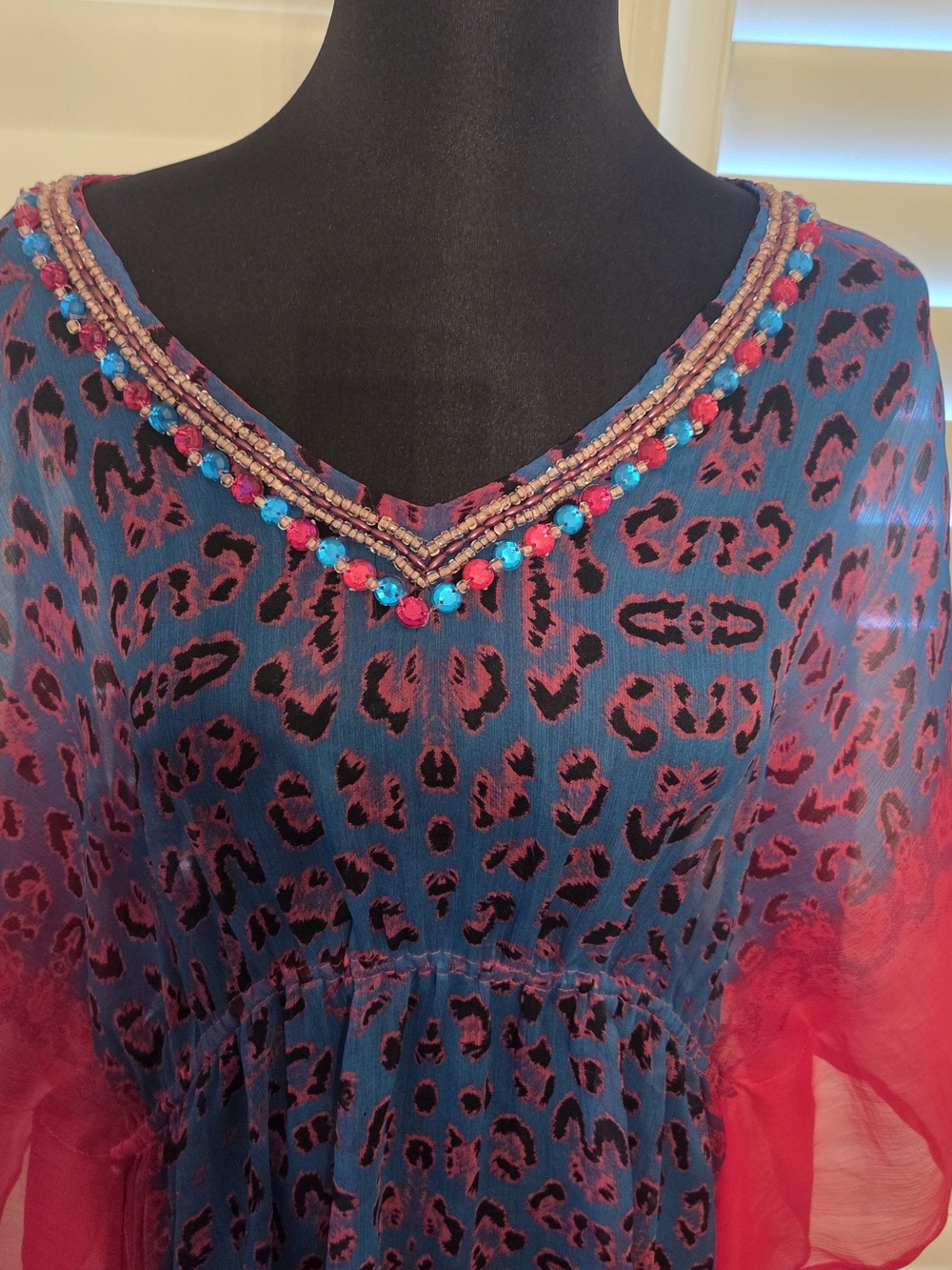 Beaded V-Neck Leopard Print Tunic — Blue & Fuchsia Free Size